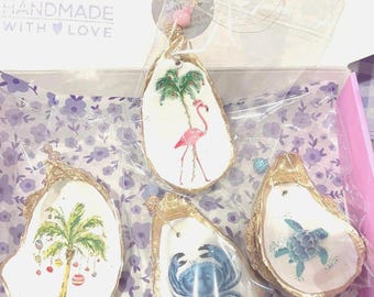 Tropical Coastal Christmas Ornament Set. Palm tree, Sea Turtle, Crab & Flamingo shell ornament gift set. Tropical oyster shell ornament set