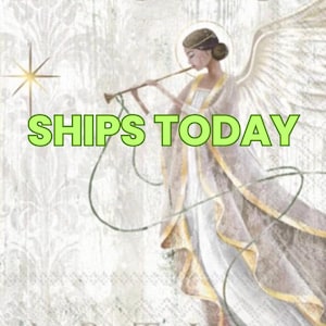 May include: An illustration of an angel playing a trumpet, with a halo and large wings. The angel is wearing a white and gold gown. The words "SHIPS TODAY" are in green text. The background has the words "PEACE ON EARTH".