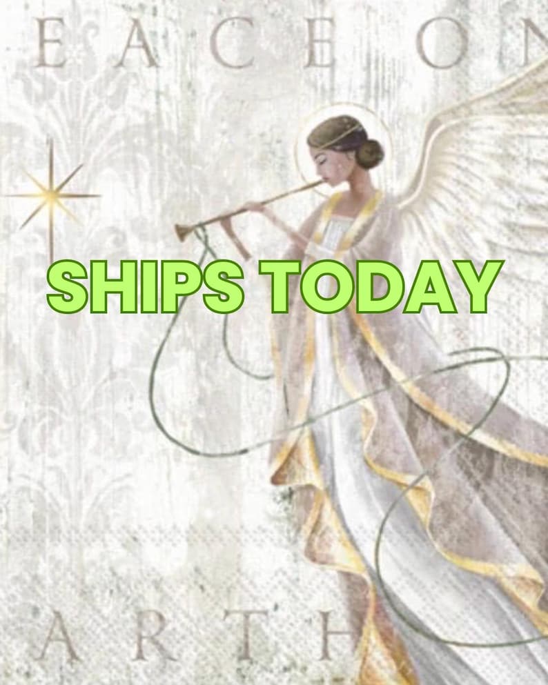 May include: An illustration of an angel playing a trumpet, with a halo and large wings. The angel is wearing a white and gold gown. The words "SHIPS TODAY" are in green text. The background has the words "PEACE ON EARTH".