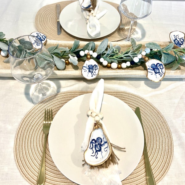 Coastal wedding reception decor set coastal shell garland centerpiece & oyster napkin ring set. Decoupaged oyster shell Beach wedding decor