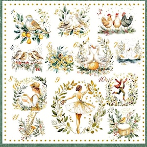 May include: A decorative square featuring twelve watercolor illustrations with a white background and a green border. The illustrations depict birds, geese, chickens, a ballerina, and other festive scenes, all surrounded by floral wreaths and gold accents.