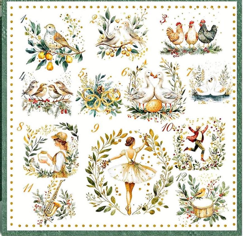 May include: A decorative square featuring twelve watercolor illustrations with a white background and a green border. The illustrations depict birds, geese, chickens, a ballerina, and other festive scenes, all surrounded by floral wreaths and gold accents.