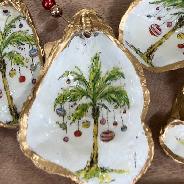 Palm tree Christmas Ornament Set. Palm tree shell ornament set. Tropical oyster ornament set. Christmas ornament set. Coastal Christmas