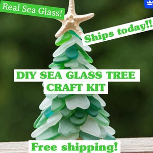 May include: DIY sea glass Christmas tree craft kit. The kit includes a variety of sea glass pieces in shades of green and blue, along with instructions for assembling the tree. The tree is topped with a starfish.