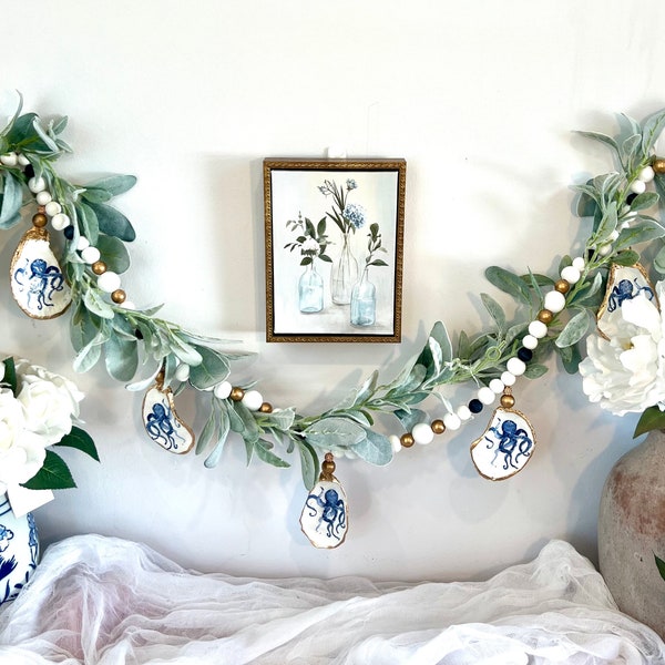 Christmas beach tree shell garland Navy and white nautical decor for coastal home or lake house. Decoupaged oyster shell garland beach decor