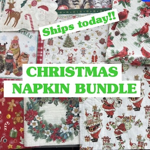 May include: A Christmas napkin bundle featuring various festive designs. Napkins showcase images of Santa Claus, reindeer, cardinals, cats in hats, Christmas trees, and holiday gifts. The text "CHRISTMAS NAPKIN BUNDLE" is displayed in green.