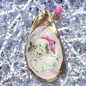 Pink Santa decoupaged oyster Ornament. Tropical christmas ornament pink Santa. Victorian Santa ornament. Pink Christmas St Nick ornament