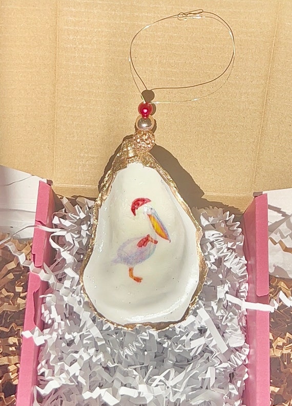 Cajun Christmas Pelican Christmas Ornament. Pelican Oyster Shell Ornament. Pelican Decoupaged oyster shell Ornament. Bird/Beach lover gift.
