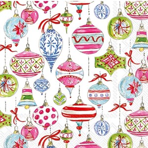 May include: A pattern of watercolor Christmas ornaments in various shapes and sizes, including round, bell, and teardrop. The ornaments are in shades of pink, green, blue, and red, with decorative patterns and tied with red bows. The background is white.