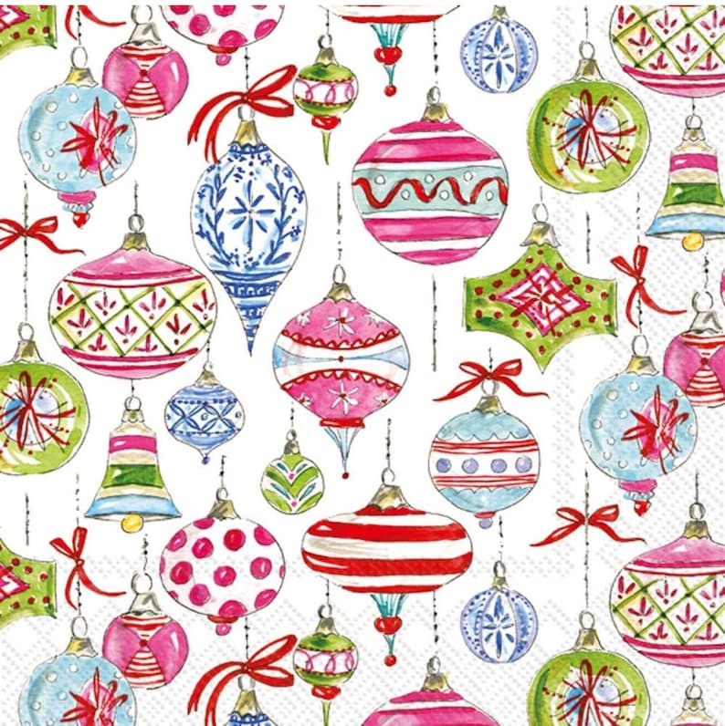 May include: A pattern of watercolor Christmas ornaments in various shapes and sizes, including round, bell, and teardrop. The ornaments are in shades of pink, green, blue, and red, with decorative patterns and tied with red bows. The background is white.