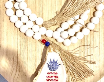 Cuentas de bendición de conchas para decoración del hogar del 4 de julio para decoración patriótica del hogar. Regalo patriótico de pieza central de mesa de guirnalda de concha de ostra desacoplada