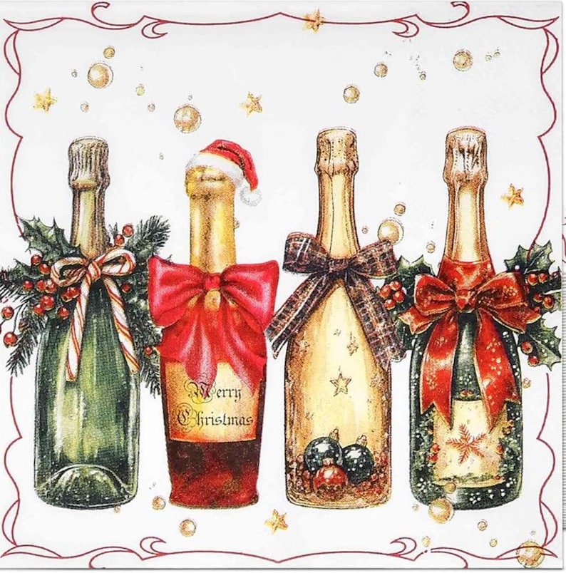 May include: A festive illustration of four champagne bottles, each adorned with holiday decorations. One bottle has a Santa hat, and another features a "Merry Christmas" label. The bottles are decorated with bows, holly, and ornaments, set against a white background.