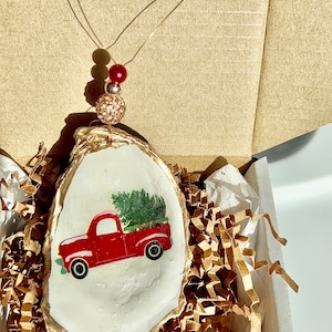 Red Truck & Christmas Tree Shell Ornament. Traditional/Old Fashioned Christmas Ornament. Oyster shell Christmas ornament.