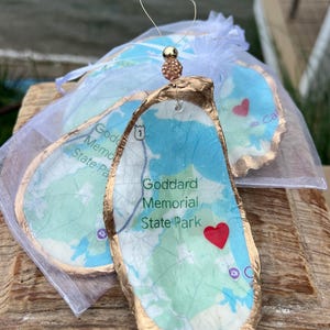 Custom map wedding favor. Custom location oyster shell Ornament rehearsal dinner place card. Custom map shell ornament bridal shower favor
