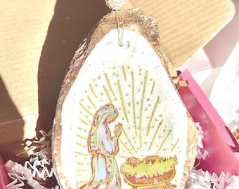Virgin Mary and Baby Jesus nativity Ornament religious gift idea. Baby Jesus decoupaged Oyster Shell Christmas Ornament Christian gift idea