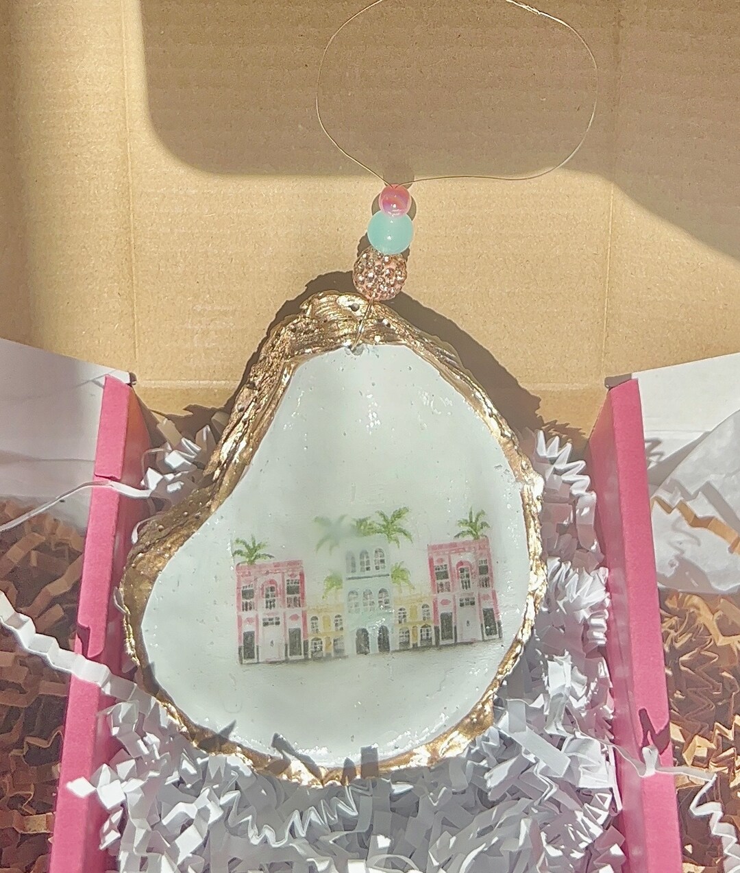 Charleston Oyster Shell Ornament. Rainbow Row Charleston Christmas Ornament. Charleston SC