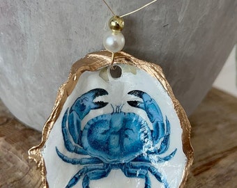 Crab oyster shell Ornament. Oyster shell christmas ornament. Blue crab Ornament. Coastal Christmas. Hostess gift. Wine charm. Gifts under 20