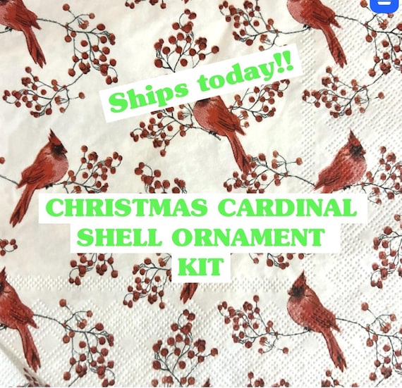 RED CARDINAL craft kit decoupaged Shell ornament|Christmas craft activity oyster shell ornament DIY kit red cardinal|Memorial gift activity