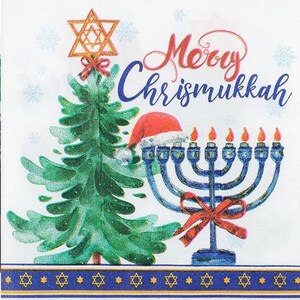 May include: A festive holiday-themed design featuring a green Christmas tree topped with a Star of David, a blue menorah with lit candles, and the text "Merry Chrismukkah". A Santa hat adorns the menorah.