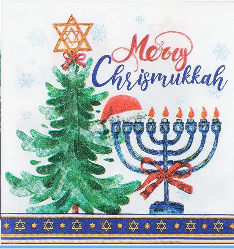 May include: A festive holiday-themed design featuring a green Christmas tree topped with a Star of David, a blue menorah with lit candles, and the text "Merry Chrismukkah". A Santa hat adorns the menorah.