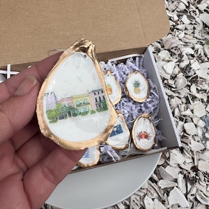 May include: A set of decorative oyster shell ornaments with gold trim. One shell features a watercolor painting of a street scene, while others display a pineapple, crab, and other designs. The shells are presented in a cardboard box.