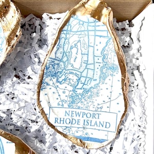 Presente em concha de ostra com mapa de Newport. Presente de Natal de Newport. Presente de Rhode Island. Prato para anéis de Rhode Island. Prato em concha de Newport. Lembrancinha de festa de Newport