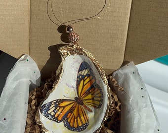 Monarch Butterfly Decoupaged Oyster shell Christmas ornament gift for mom nana & gift for butterfly lover. Cottage core lake home decor