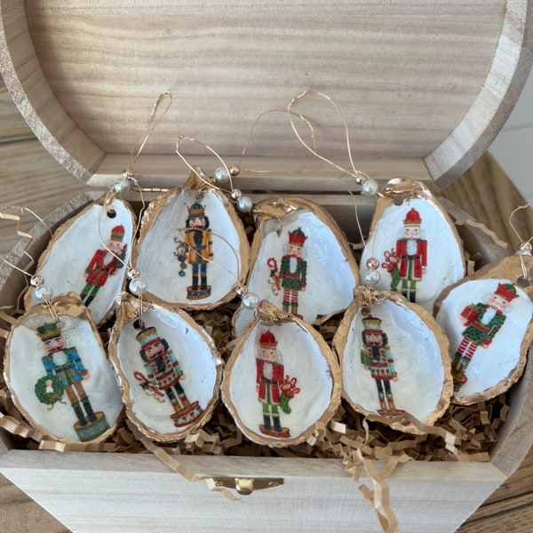 Nutcracker Decoupaged Shell Christmas Ornament Gift Set housewarming gift, new home gift idea, gift for grandma, classic vintage Christmas.