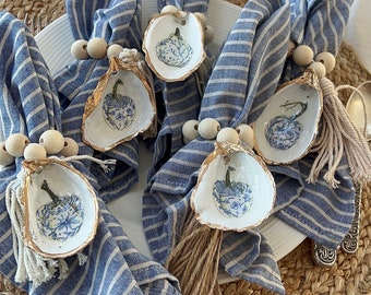 Chinoiserie pumpkins Napkin Rings. Oyster shell napkin rings. Beachy napkin rings. Blue & white napkin rings. Fall/autumn napkin rings.