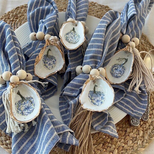 Chinoiserie pumpkins Napkin Ring set. Oyster shell napkin rings. Beachy napkin rings. Blue & white napkin rings. Fall/autumn napkin rings.