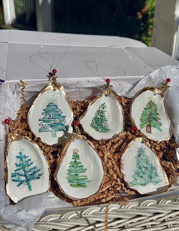 Christmas Tree Ornament Set. Beachy Christmas Tree Oyster Shell Ornaments. Nautical Christmas Ornaments. Coastal Christmas. Sea glass trees