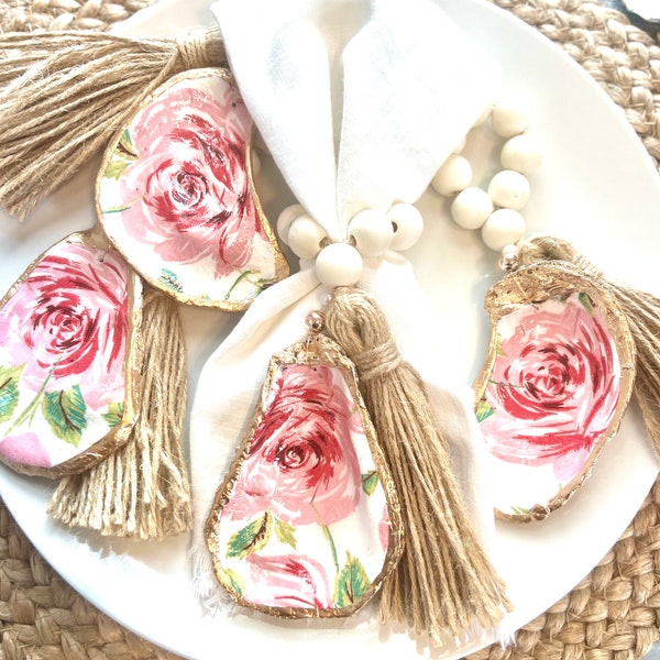 Engagement gift spring boho decor jewelry dish. Bridal shower gift box idea Lilly style decor. Decoupaged oyster shell gift set pink rose.