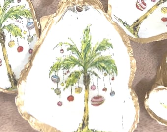 Palm tree Christmas Ornament Set BULK DISCOUNT. Florida Christmas ornament. Tropical oyster ornament. Coastal Christmas ornament set of 10