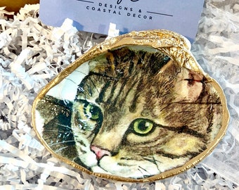 Tabby Cat Decoupaged Shell Catchall Trinket Airpods Dish Gift for