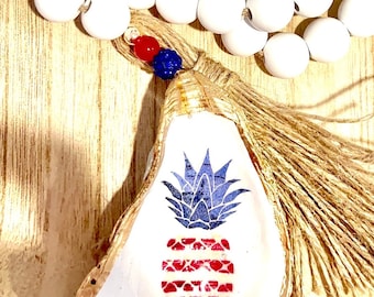 Cuentas de bendición de guirnalda patriótica para decorar repisas. Decoración de fiesta del 4 de julio, guirnalda de conchas de ostras desacopladas e idea de fiesta de verano en la playa