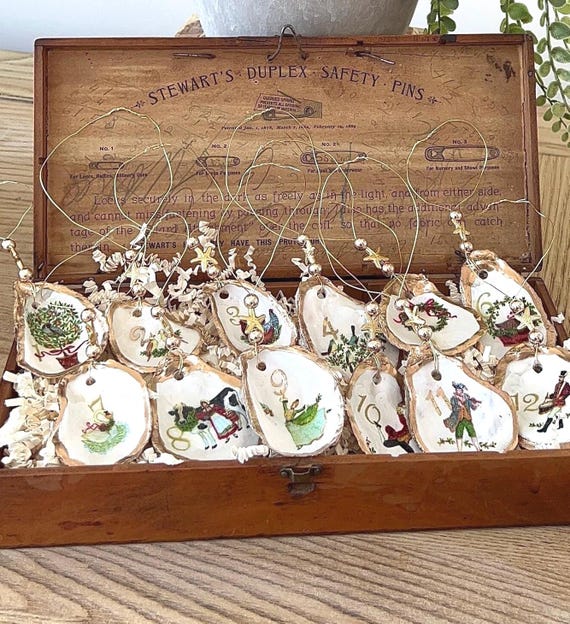 12 DAYS of CHRISTMAS Shell Ornament Set.  CLASSIC Christmas ornament. Traditional ornament set. Vintage Christmas ornament heirloom gift