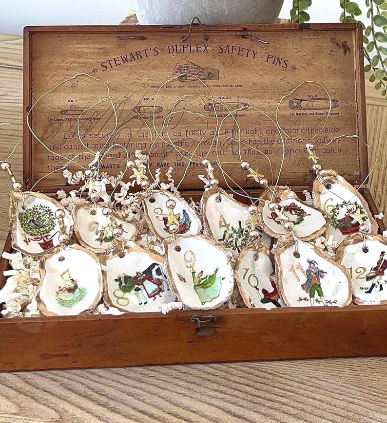 12 DAYS of CHRISTMAS Shell Ornament Set. CLASSIC Christmas ornament. Traditional ornament set. Vintage Christmas ornament heirloom gift image 1