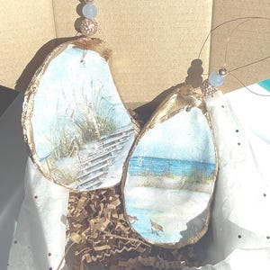 Beachy oyster ornament gift set beach sand dunes home decor for ocean lover or beach lover. Coastal ornament beach house decor beach tree