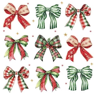 May include: Nine watercolor bows in various designs. The bows feature red, green, and white colors with patterns like stripes, polka dots, and plaid. Some bows have snowflake and holly berry accents. The bows are arranged on a white background with star and dot embellishments.