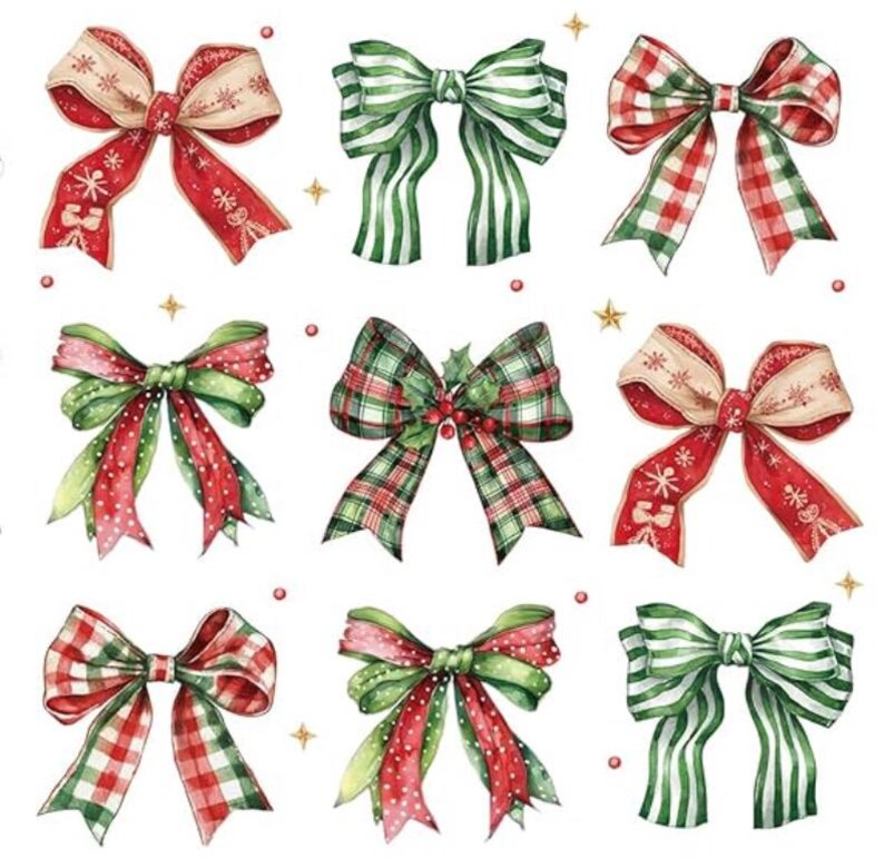 May include: Nine watercolor bows in various designs. The bows feature red, green, and white colors with patterns like stripes, polka dots, and plaid. Some bows have snowflake and holly berry accents. The bows are arranged on a white background with star and dot embellishments.