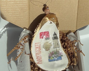 Nantucket oyster shell Ornament. Nantucket MA christmas ornament. Nantucket wedding favor. Nantucket party favor coastal Nantucket souvenir.
