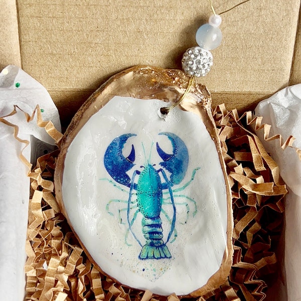 Aqua blue lobster Ornament. Lobster oyster Shell Christmas Ornament. Oyster shell Christmas ornament. Maine souvenir Ornament.