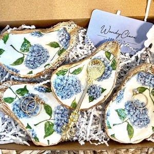 BLAUWE HYDRANGEA oesterringschotel bedankje voor een strandfeestje. Cape Cod feestbedankje schelp schaal. Nantucket strandfeest schelp cadeau schaaltje.