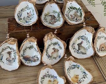 Easter tree oyster shell Ornament set. Oyster shell easter ornaments. Easter gift. Cute spring Ornaments. Hostess gift. Wine charms