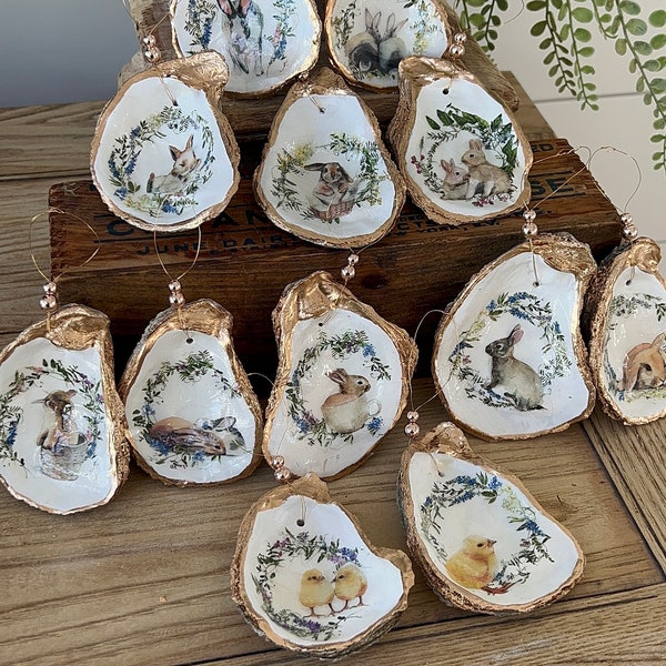 Easter tree oyster shell Ornament set. Oyster shell easter ornaments. Easter gift. Cute spring Ornaments. Hostess gift. Wine charms