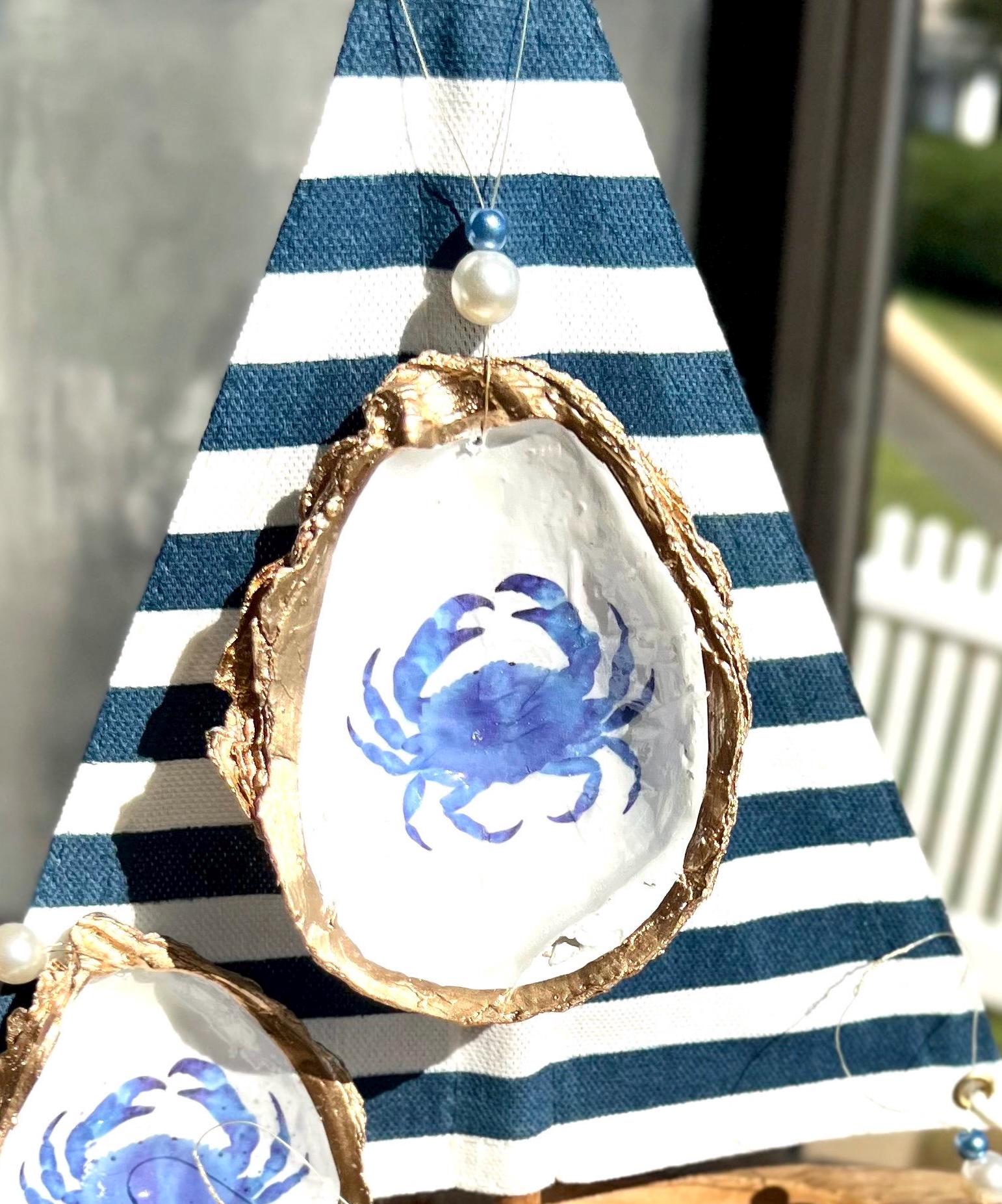 Crab Oyster Shell Ornament. Oyster Shell Christmas Ornament. Blue