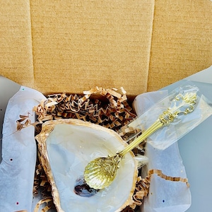 Oyster shell Salt and Pepper Cellar with gold spoon. Wedding or Bridal Party Favor. Bridal party gift. Salt and Pepper pinch pot. Gift set