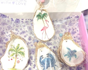 Tropical Coastal Christmas Ornament Set. Palm tree, Sea Turtle, Crab & Flamingo shell ornament gift set. Tropical oyster shell ornament set