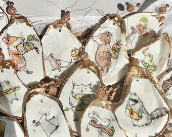 Cute Woodland animals Christmas Ornament Set. Woodland animals shell ornament set. Rabbit, squirrel, owl, mice frog Guinea pig ornament set.