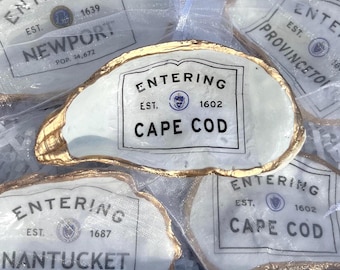 Entering MA custom town oyster shell Christmas ornament. Massachusetts ring dish custom town. Custom MA town Christmas ornament Massachusett